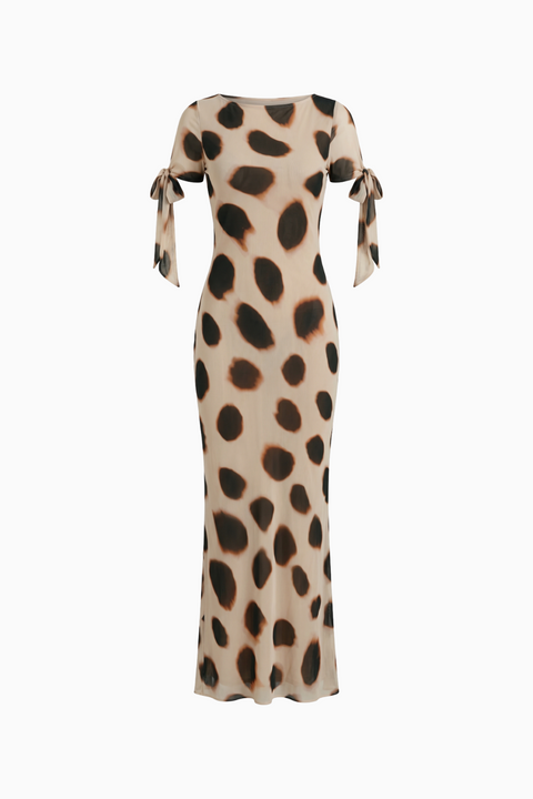 Maxikleid aus gepunktetem Mesh mit gebundenen Ärmeln