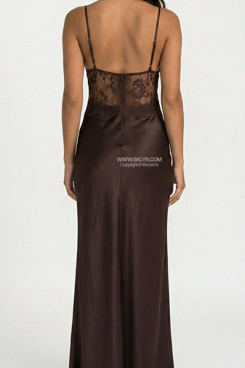 Brown Lace Bodice Satin Maxi Dress