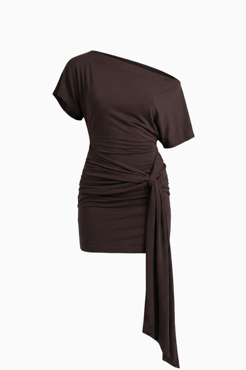 Mini-robe drapée asymétrique froncée marron