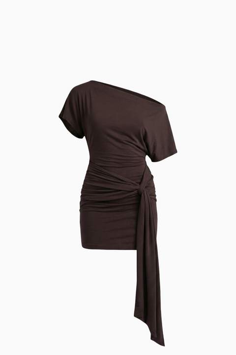 Brown Ruched Asymmetrical Draped Mini Dress