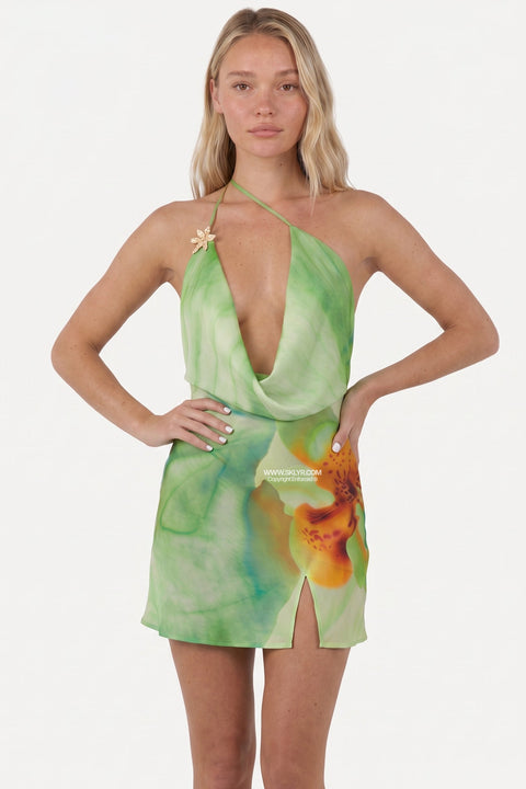 Grünes Mini-Kleid mit Blumenmuster