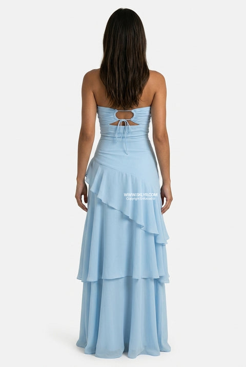 Robe longue bustier étagée bleu ciel