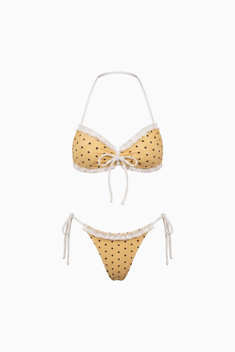 Biquíni amarelo de bolinhas com folhos e atilhos laterais