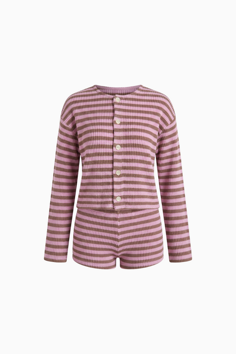 Gestreiftes Strick-Cardigan- und Shorts-Set
