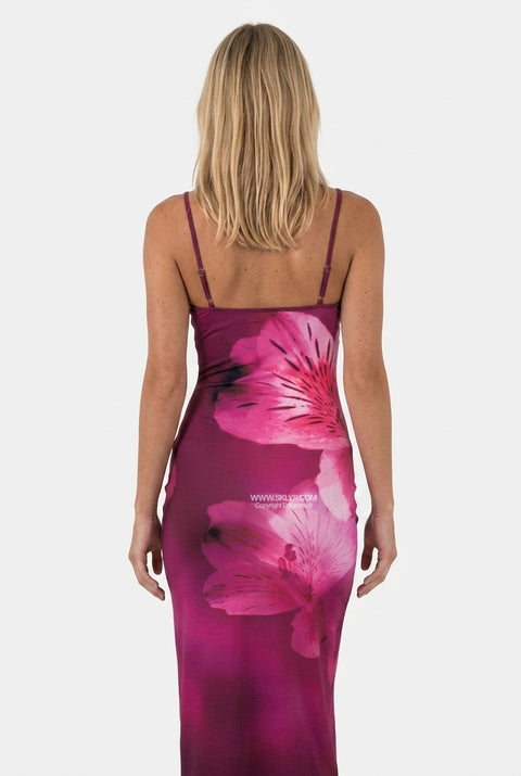 Vestido maxi justo com padrão de lírios magenta
