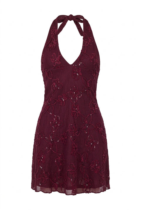 Robe courte à dos nu en dentelle florale à sequins bordeaux foncé