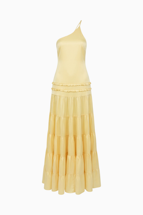 Zitronengelbes Satin-Maxikleid mit One-Shoulder-Träger