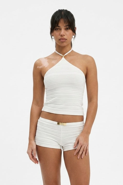 Weißes geripptes Neckholder-Top und Shorts-Set