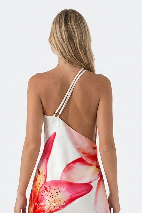 Vestido curto floral cor-de-rosa com decote em cascata