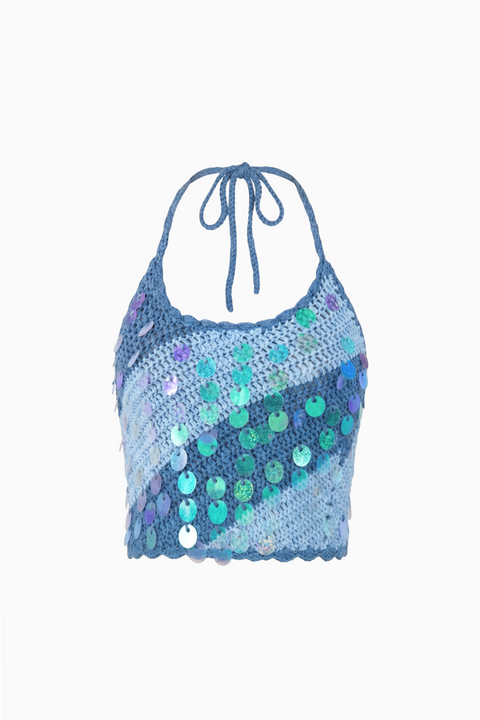 Blaues gehäkeltes Neckholder-Top mit Pailletten