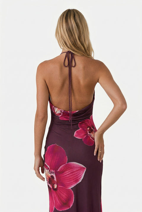 Violett-orchideenfarbenes Perlen-Maxikleid mit Neckholder
