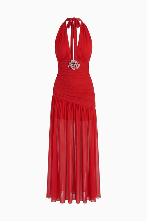Vestido maxi vermelho cai-cai franzido com alças ao pescoço