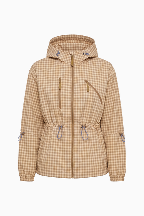 Gingham-Check-Hoodie-Utility-Jacke mit Reißverschluss