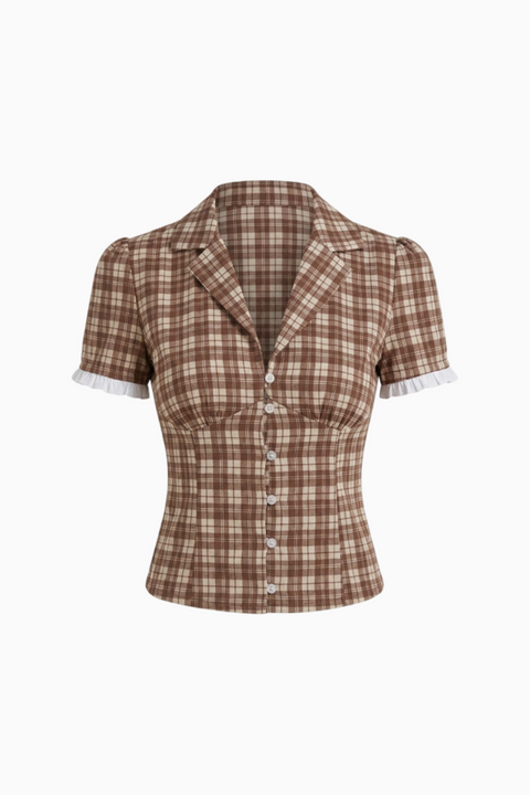 Top curto castanho aos quadrados Vichy