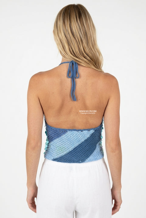 Blaues gehäkeltes Neckholder-Top mit Pailletten