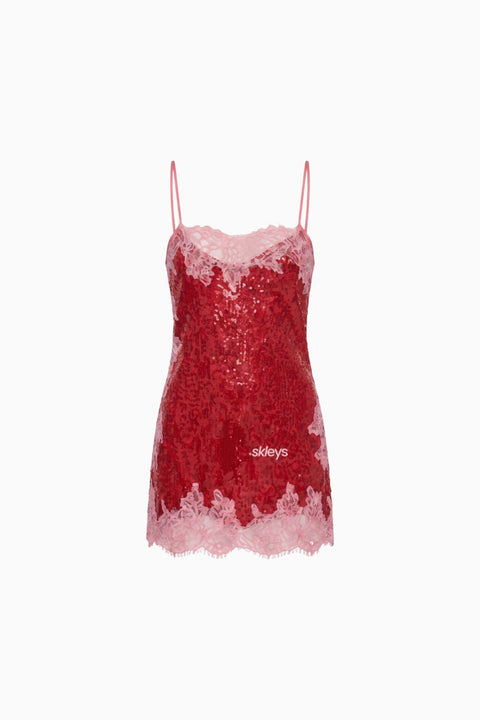 Scarlet Lace Trim Sequin Mini Dress