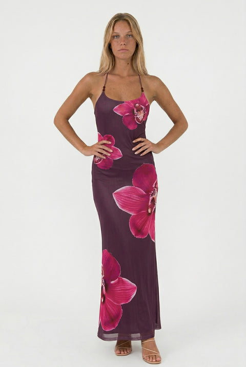 Violett-orchideenfarbenes Perlen-Maxikleid mit Neckholder