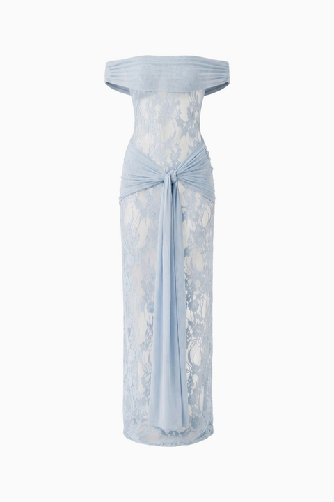 Blaues schulterfreies Maxikleid aus Spitze