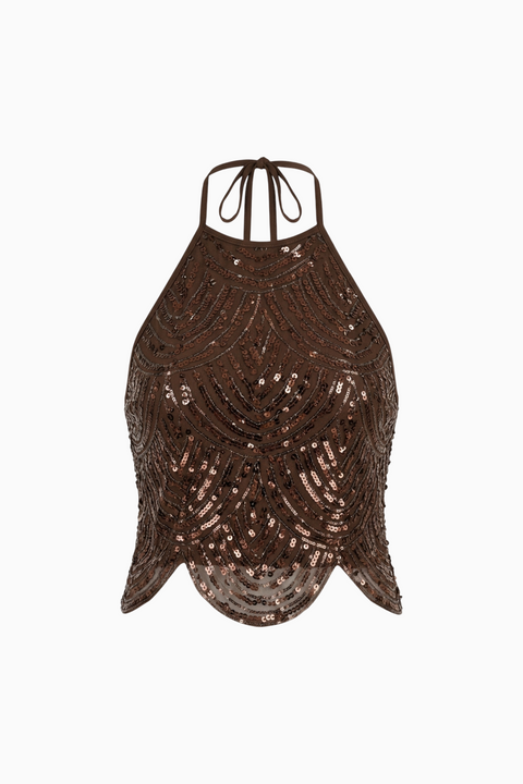 Top castanho de malha aberta com alças halter