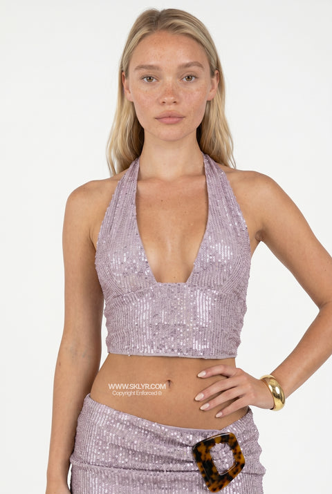 Set aus bauchfreiem Oberteil und Minirock in Metallic-Silber