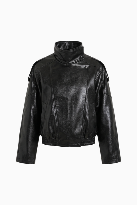 Blusão bomber oversized em pele sintética preta enrugada