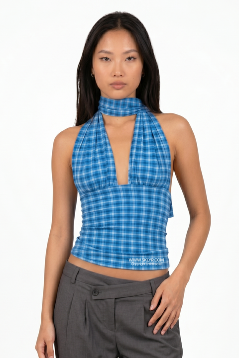 Haut dos nu tartan bleu rétro