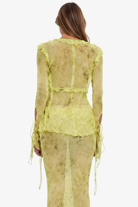 Conjunto maxi transparente com padrão abstrato e laço à frente