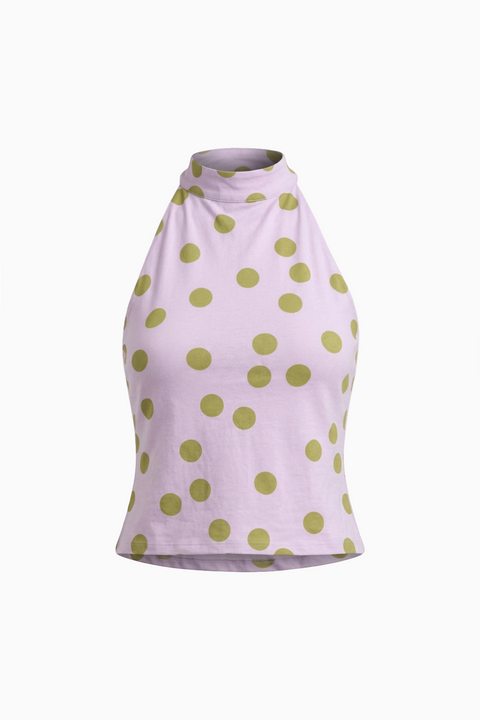 Crop top lilla e verde a pois con collo alto