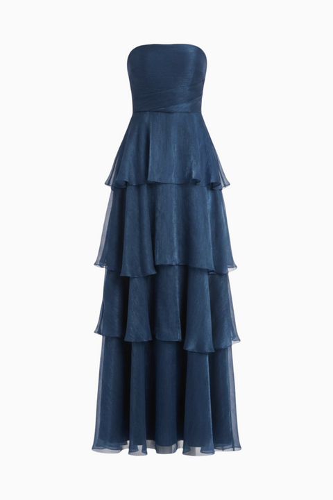 Vestido comprido azul-marinho sem alças com folhos em camadas