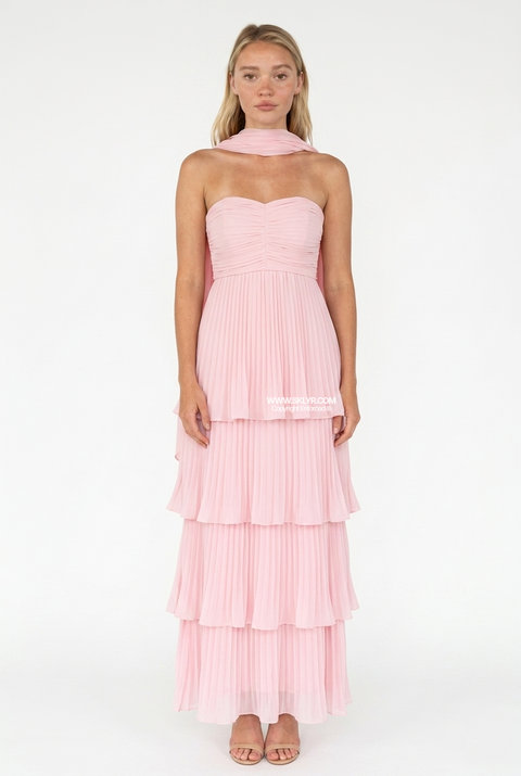 Blushrosa trägerloses, gestuftes Plissee-Maxikleid