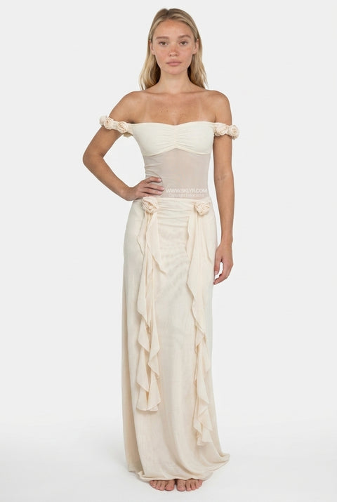 Elfenbeinfarbenes, fließendes Maxikleid mit Blumenmuster