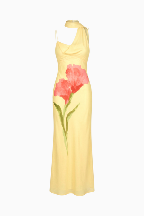 Maxi-robe dos nu à motifs botaniques jaunes