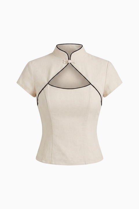 Top a maniche corte con colletto alla coreana e scollo a goccia