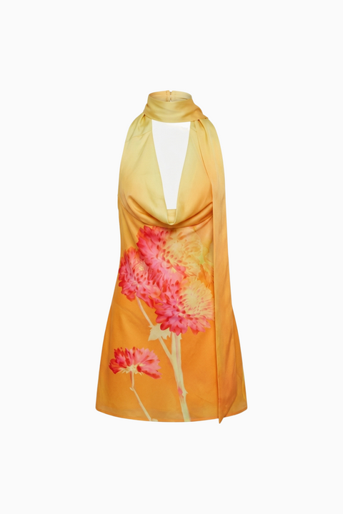 Mini-robe satinée à fleurs jaune coucher de soleil et dos nu
