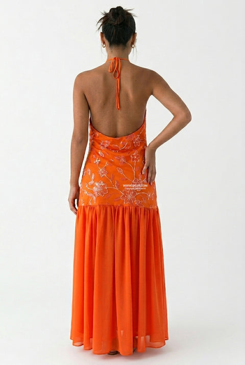 Vestido maxi fluido em chiffon laranja