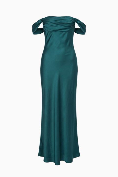 Dunkelgrünes schulterfreies Maxikleid aus Satin