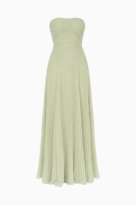 Blassgrünes trägerloses Plisseekleid aus Chiffon