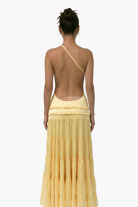 Zitronengelbes Satin-Maxikleid mit One-Shoulder-Träger