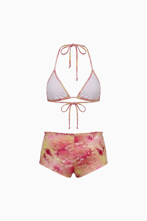 Bikini corallo a triangolo halter con volant