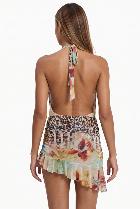 Exotic Mixed Leopard-Floral Print Plunge Halter Mini Dress