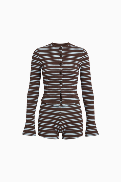 Striped Knit Cardigan and Shorts Set in Brown and Blue
