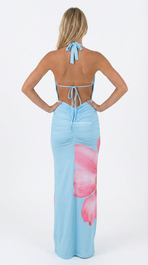 Blaues Maxikleid mit Blumenmuster und Beinschlitz
