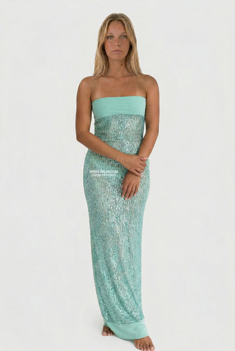 Abito lungo senza spalline con paillettes color menta