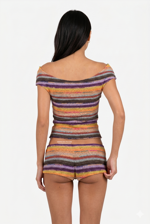 Set a due pezzi in maglia a righe multicolori