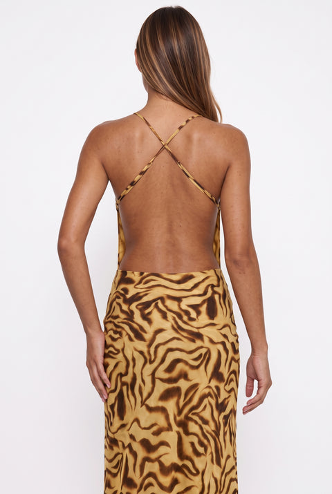 Cowl Neck Abstract Animal Print Maxi Dress
