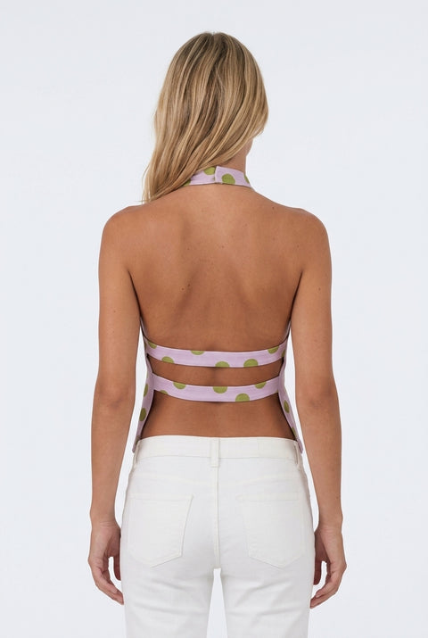 Crop top lilla e verde a pois con collo alto