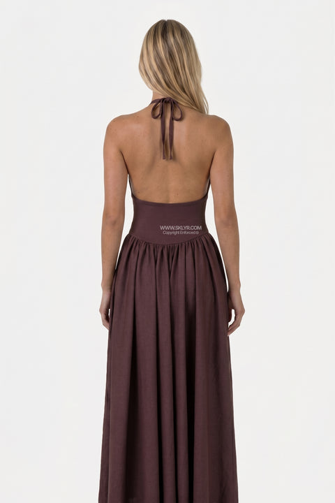 Braunes Neckholder-Maxikleid aus Scuba-Stoff