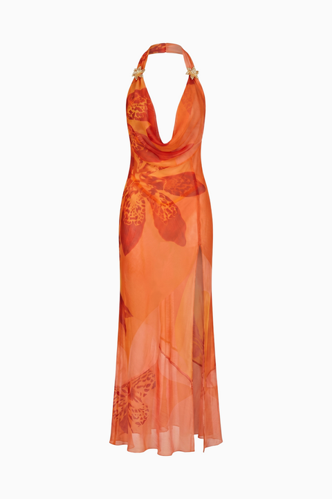 Vestido comprido pêssego, transparente e de atar ao pescoço