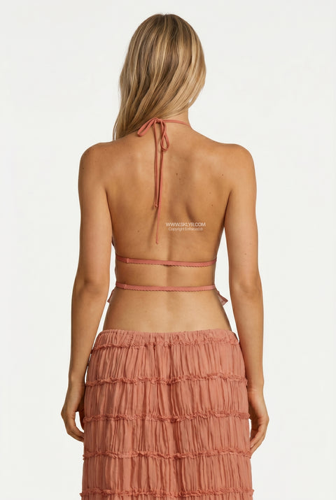 Pfirsichfarbenes Neckholder-Top und Rock-Set