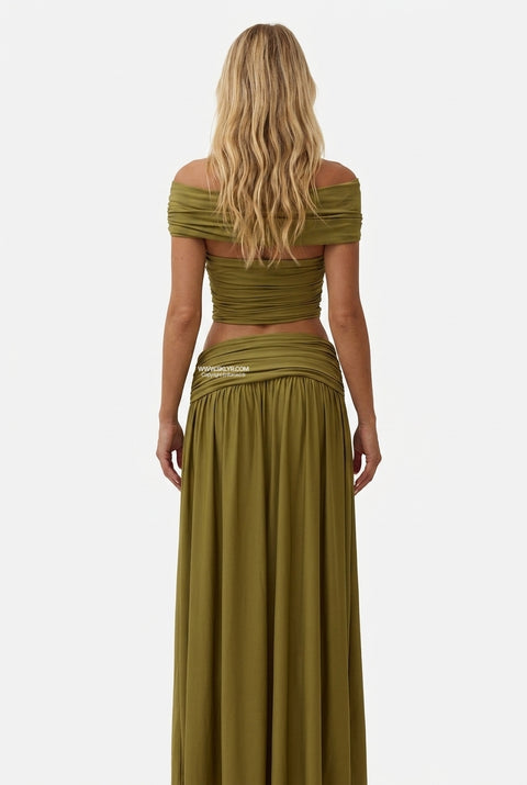 Olivfarbenes zweiteiliges Maxi-Set mit Cut-outs